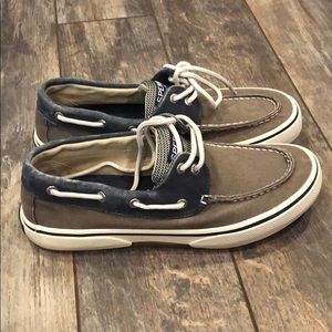Tan and navy sperry